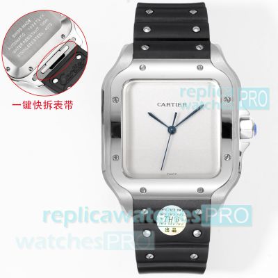 THB Cartier Santos Silver Dial Stainless Steel Rubber Strap Swiss Replica Watch 